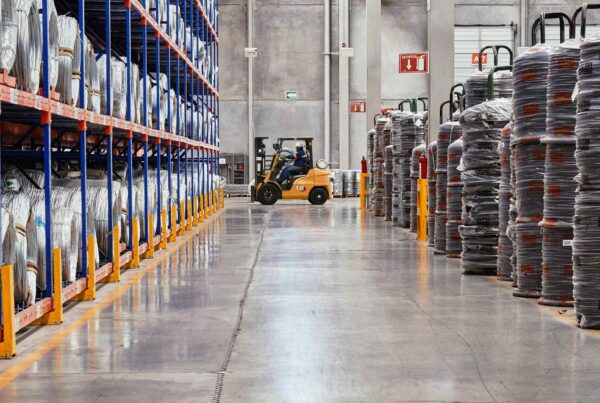 Forklift staging equipment in an industrial warehouse