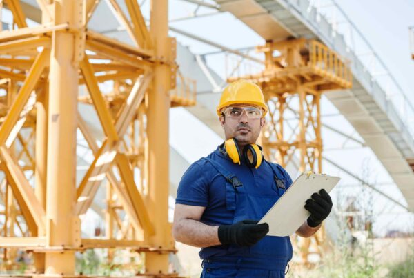 Certified rigger reviewing safety documentation at an industrial job site