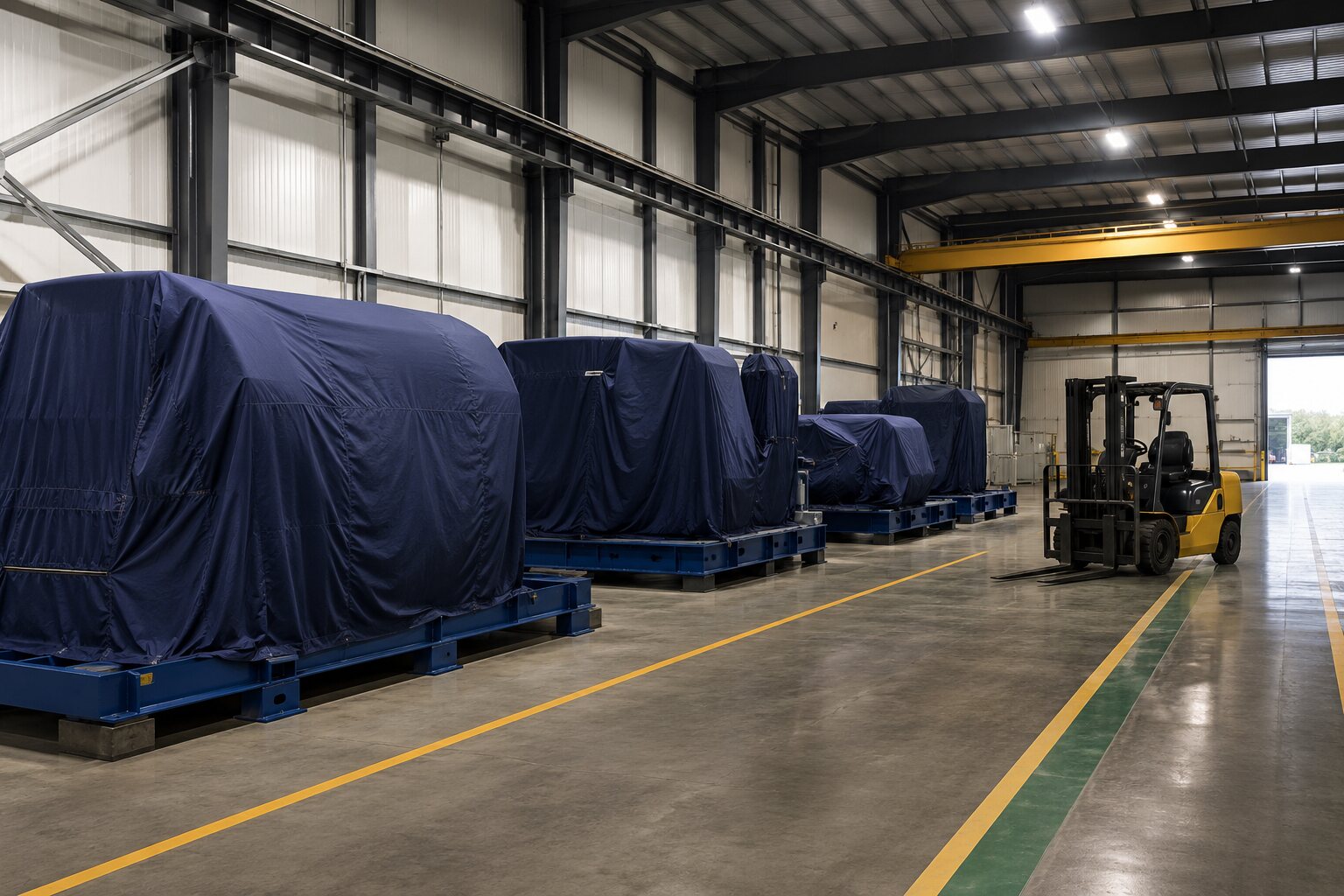 Covered industrial machines staged in an organized warehouse with a clear handling aisle.