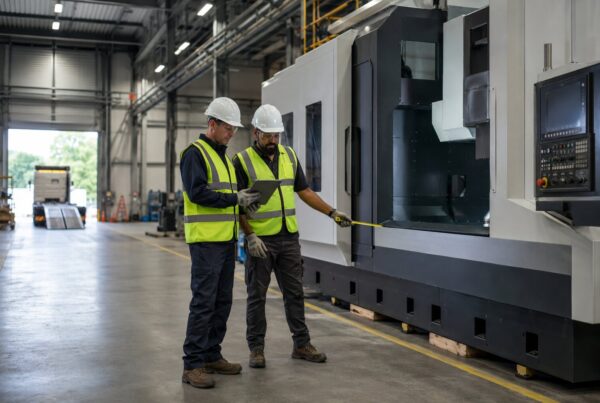 Two industrial professionals reviewing measurements beside a CNC machine during a site survey.