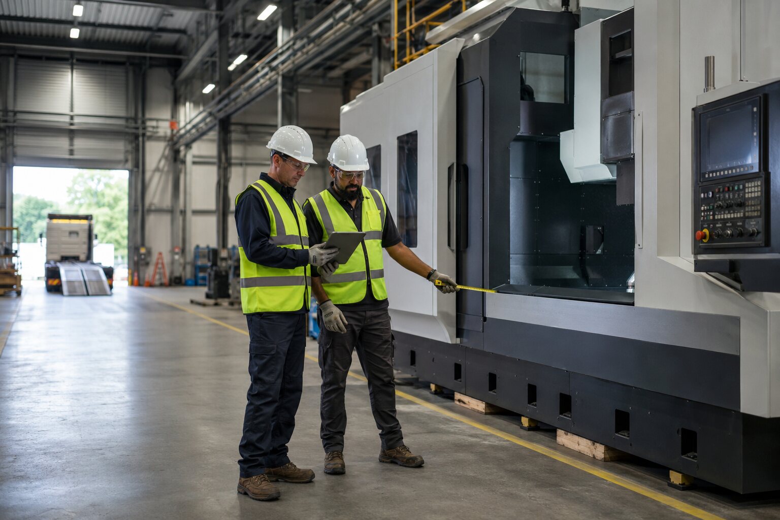 Two industrial professionals reviewing measurements beside a CNC machine during a site survey.