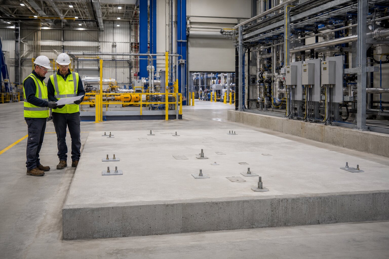 Facility professionals inspecting a prepared concrete machine foundation and anchor locations.