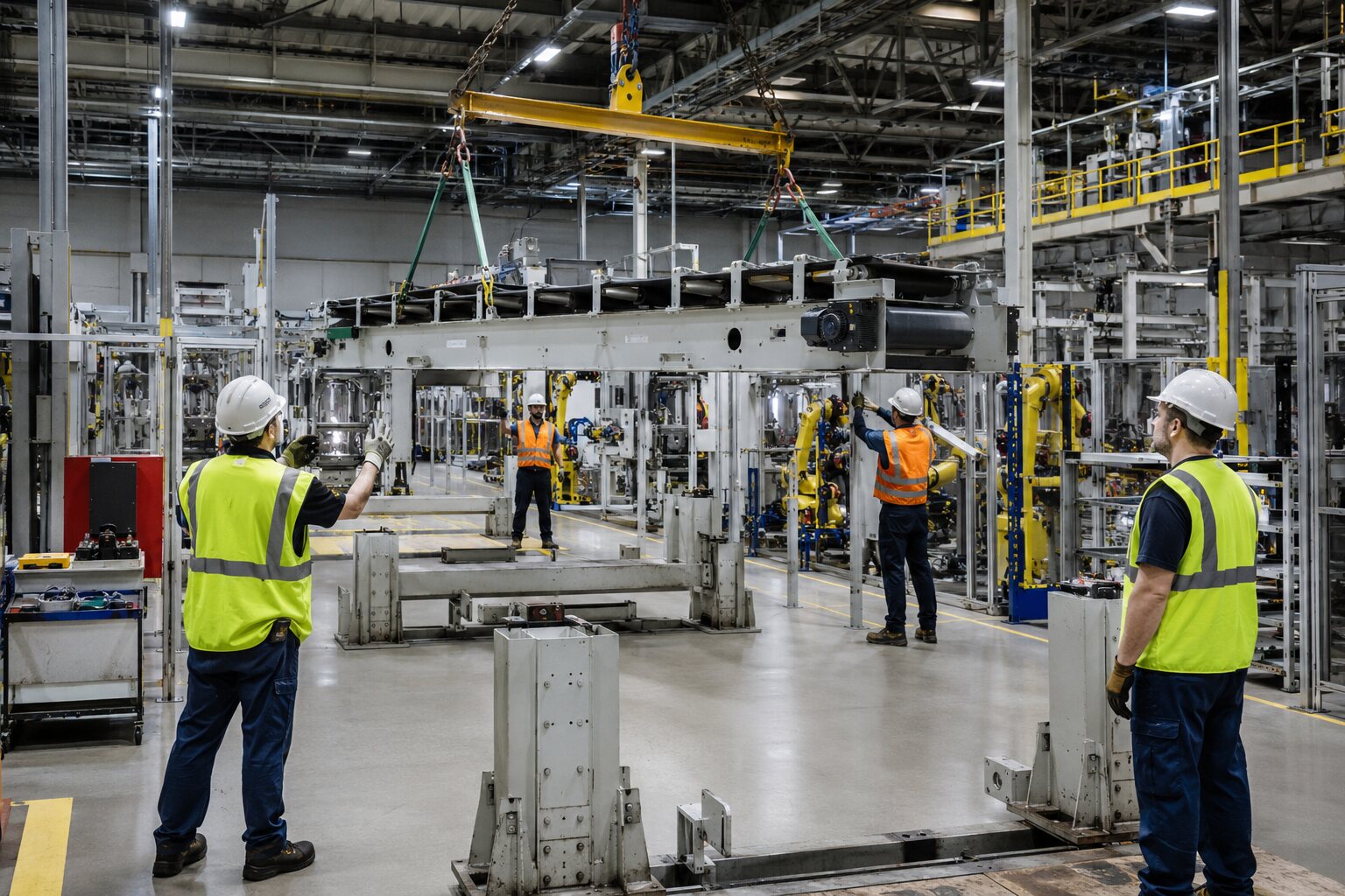 Industrial rigging crew positioning a conveyor module during a production line reconfiguration.